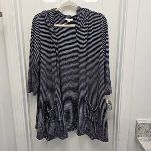 Women's J.Jill cardigan/ sweater black and white stripes with hoodie, Sz L,